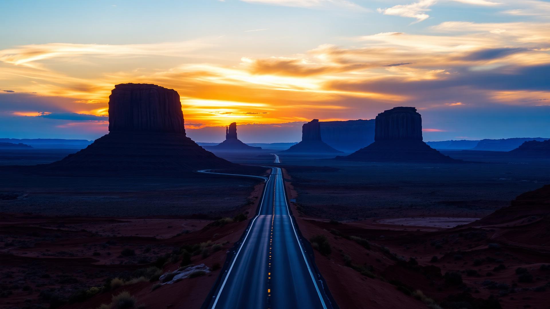 Endlose Straße durch das Monument Valley bei Sonnenuntergang